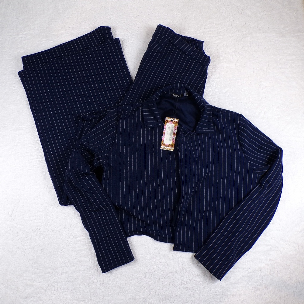 BooHoo Plus Pinstripe Crop Blazer & wide leg Cargo Trouser Size 14 Women's Navy